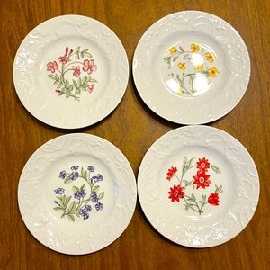Four Dansk 7" Plates Floating Leaves White Ceramic Floral